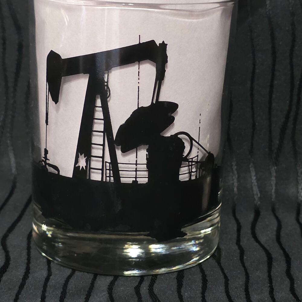 Set of 2 Oil Pump Jack Whiskey Glasses Lowball Rocks Black Silhouette Barware